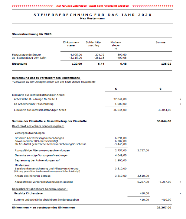 Rechenbeispiel 1 - Max Mustermann, ledig, OHNE Werbungskosten