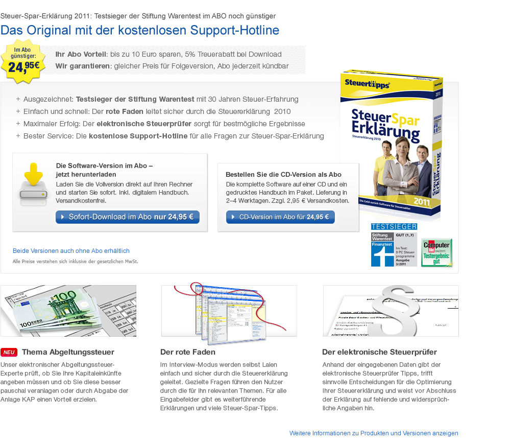 Steuer-Spar-Erklärung 2011: Das Original vom Hersteller mit Support-Hotline im günstigen Abo