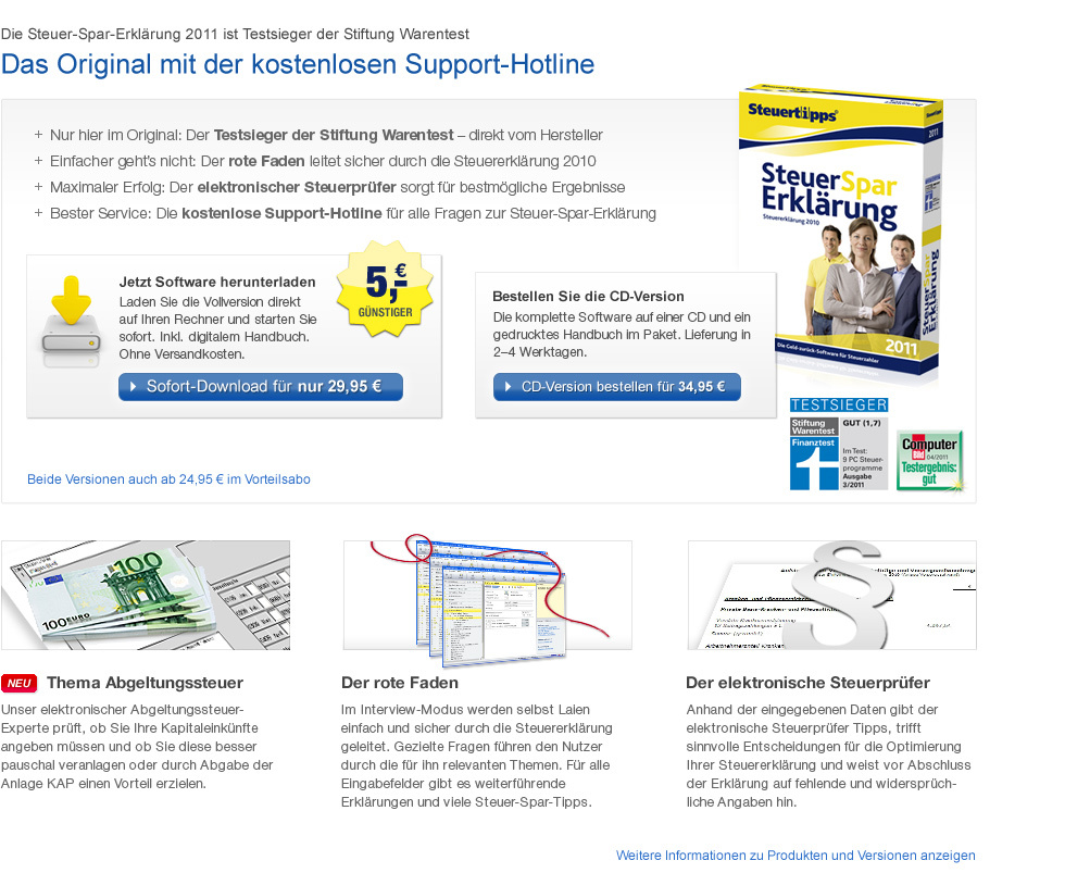 Steuer-Spar-Erklärung 2011: Das Original vom Hersteller mit Support-Hotline im Einmalkauf