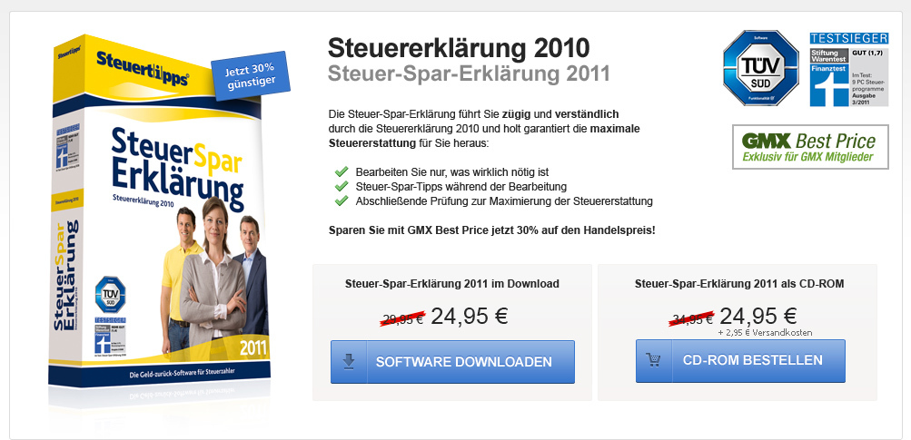 Steuer-Spar-Erklärung 2011 mit GMX Best Price bis zu 30% günstiger!