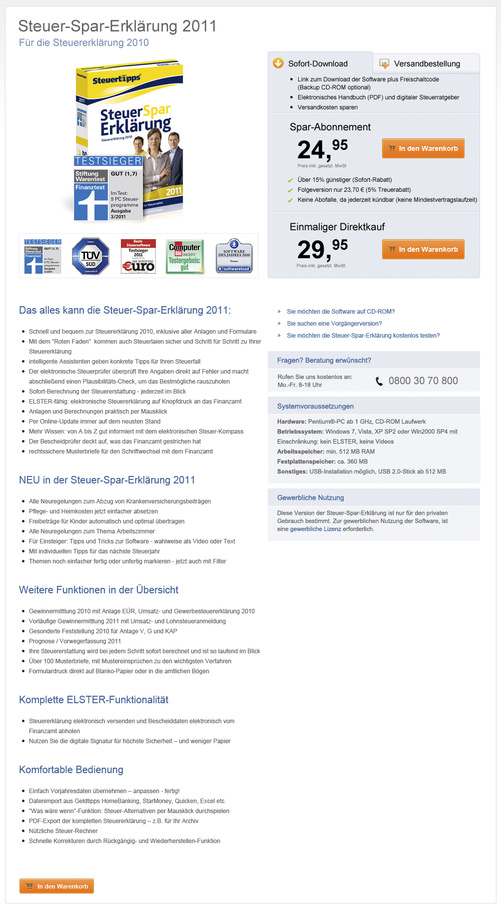 Steuer-Spar-Erklärung 2011 Sofort-Download A+